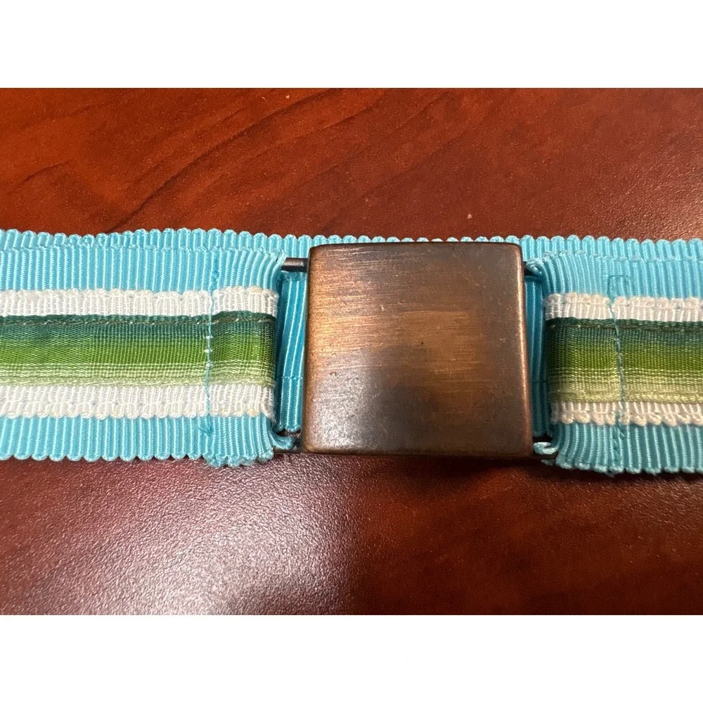 Striped Grosgrain Ribbon Belt‎ Turquoise Green Bronze Buckle